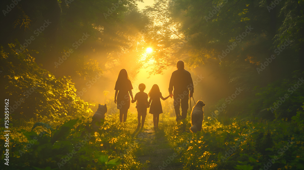Happy family walking in the park at sunset. Mother, father, children and a dog.
