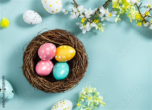 Happy easter, Easter painted eggs in the basket on wooden rustic table for your decoration in holiday. copy space.