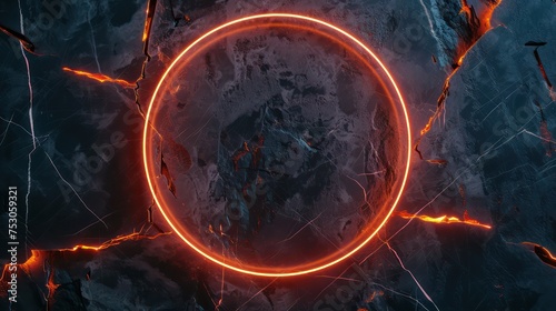 Dark grunge marble background and orange glowing neon circle frame. Generative AI