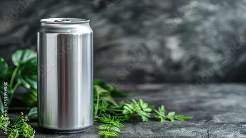 Mock up empty silver soda can on abstract background with copy space for text placement