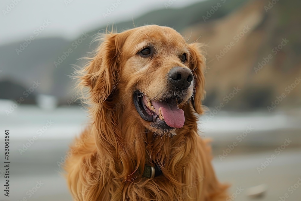 A charming dog taking a relaxing walk on the beautiful sandy beach with a picturesque ocean view