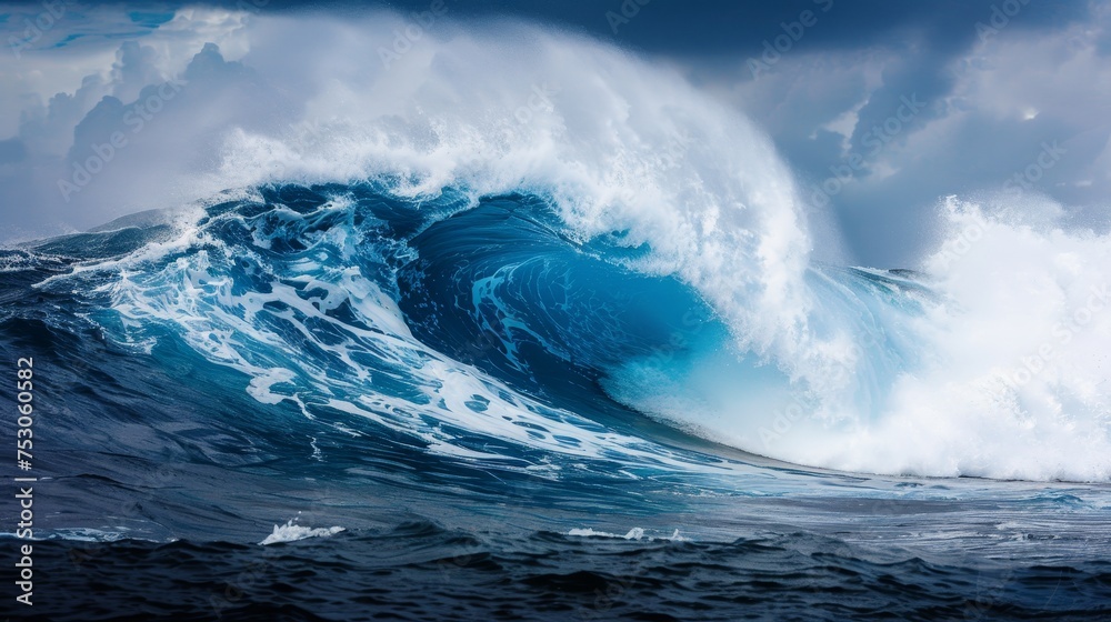 Powerful colossal ocean wave rising dramatically against clear blue sky in side view perspective