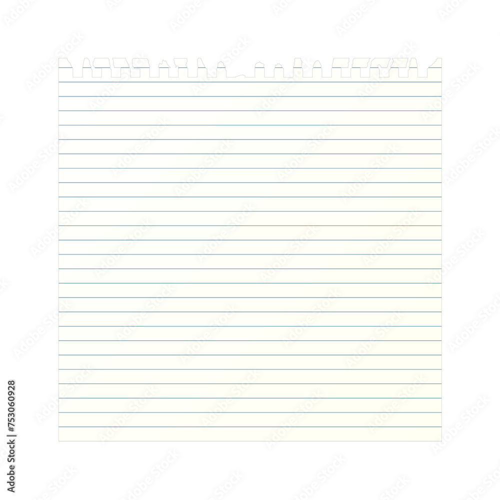 Blank lined note book page with torn edge. Notepaper mockup. Png clipart isolated on transparent background