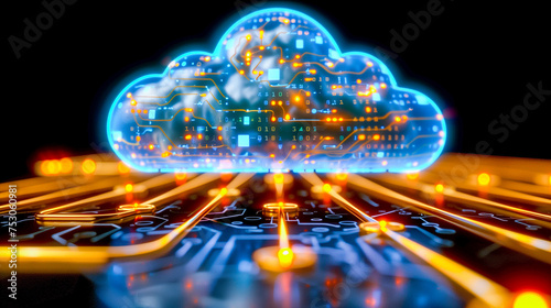 A neon glowing cloud connected to a circuit network, illustrating the modern concept of cloud computing and internet technology