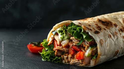 Beef shawarma pita, fresh vegetable meatloaf, grilled meat wrap and lettuce wrap with white sauce. Doner kebab on pita bread on a black background