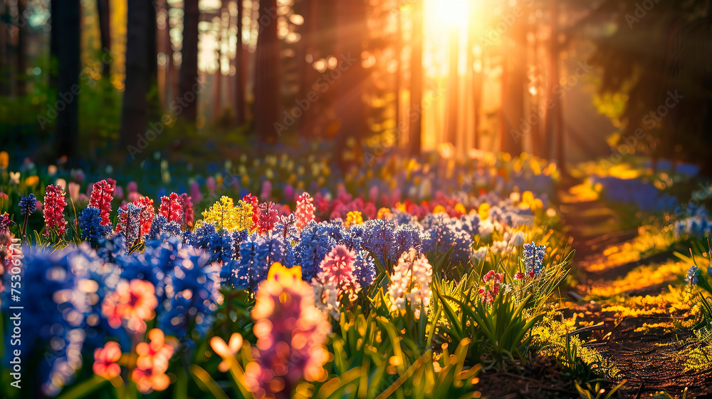 Obraz premium Field landscape with colorful blooming hyacinths, traditional Easter flowers, floral Easter spring background.
