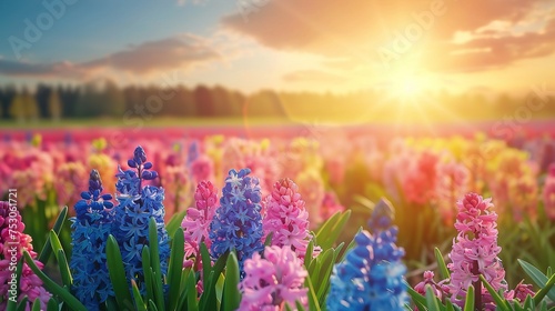 Field landscape with colorful blooming hyacinths  traditional Easter flowers  floral Easter spring background.