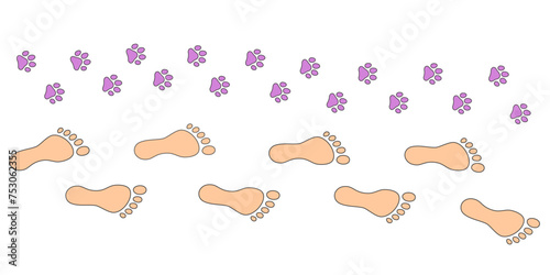 Human step footprints and pawprints paths. Step by step vector isolated on white background. Trace of foot prints of barefoot person and paw prints. Road of human feet and cat's paws.