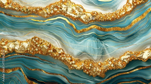 Blue liquid art background with gold mineral luxury ink, creative seamless nature wallpaper pattern.