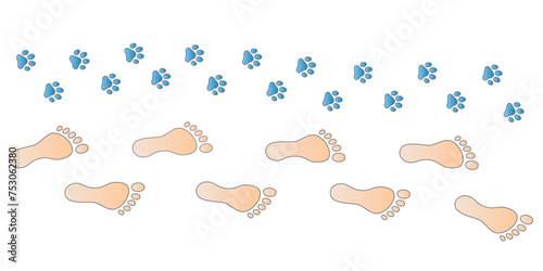 Human step footprints and pawprints paths. Step by step vector isolated on white background. Trace of foot prints of barefoot person and paw prints. Road of human feet and cat's paws.