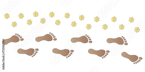 Human step footprints and pawprints paths. Step by step vector isolated on white background. Trace of foot prints of barefoot person and paw prints. Road of human feet and cat's paws.