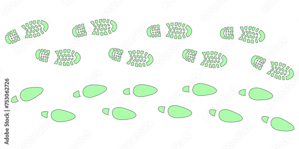 Human step footprints paths. Step by step vector isolated on white background. Trace of female and male footprints of persons in boots. Track from shoe sole prints. Road of human feet. Human step footprints paths. Step by step vector isolated on white background. Trace of female and male footprints of persons in boots. Track from shoe sole prints. Road of human feet.