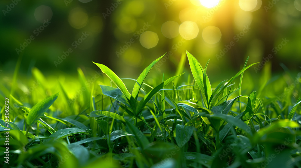 Fototapeta premium Morning light cascades over a field of young, green grass, highlighting the vibrant colors and delicate textures of spring for a refreshing laptop wallpaper.