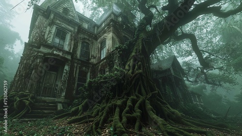 an old victorian house, covered in a thick canopy of vegitation, large knarled roots at the base of the structure, on a foggy rainy morning