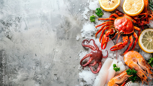 Frozen seafood background, fish steak, octopus, crayfish, crabs, orange on a black background