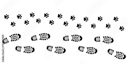 Human step footprints and pawprints paths. Step by step vector isolated on white background. Trace of footprints of person in boots and pawprint. Road of human feet and cat's paws.