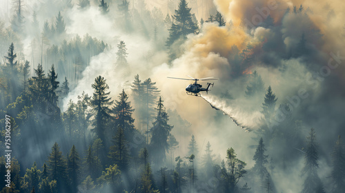 helicopter extinguishes dangerous wildfire fighting bushfire dry woods burning trees firefighting natural disaster concept intense orange flames