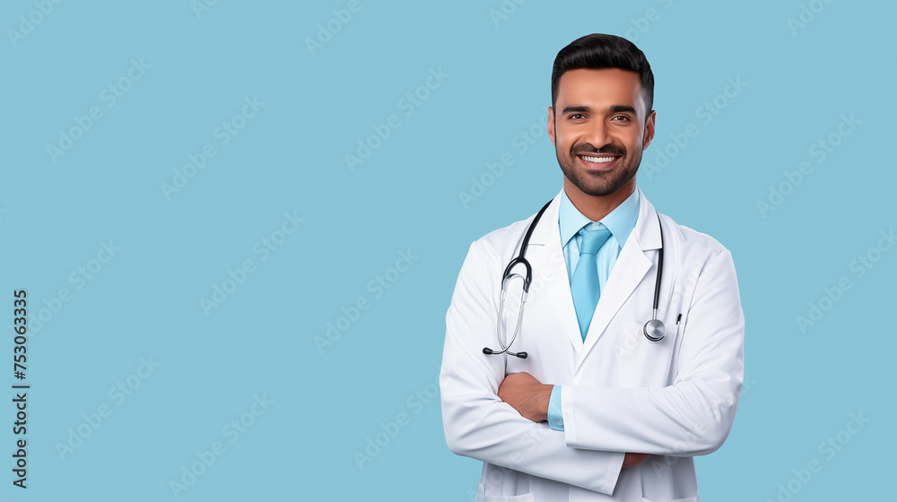 Portrait of a confident young male medical doctor on light blue background Portrait of a confident young male medical doctor on light blue background