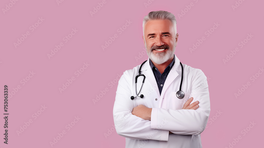 Portrait of a confident mature male medical doctor on pink background Portrait of a confident mature male medical doctor on pink background