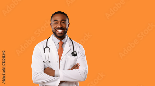 Portrait of a confident young African American male medical doctor on orange background photo