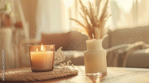 Aroma candle mock up  warm aesthetic composition. Cozy home comfort  relaxation and wellness concept. Interior decoration mockup