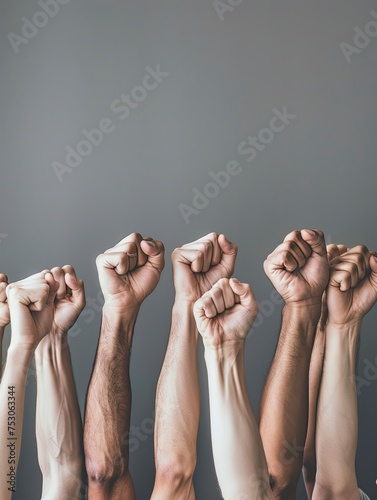 Hands of people raising up in the air fighting for their rights. Concept of labor and election movement. Isolated image on gray background with copy space for text - generative ai