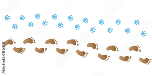 Human step footprints and pawprints paths. Step by step vector isolated on white background. Trace of children's footprints of barefoot person and pawprint. Road of human feet and cat's paws.