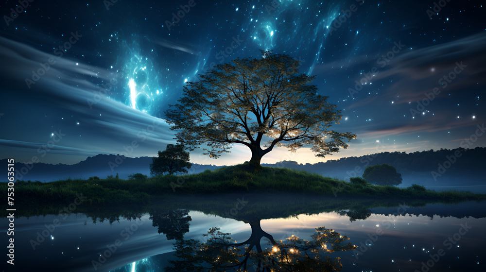 A solitary tree against the brilliance of a starry night, standing tall in a peaceful meadow, illustrating the harmony between nature and the cosmos  - obrazy, fototapety, plakaty 