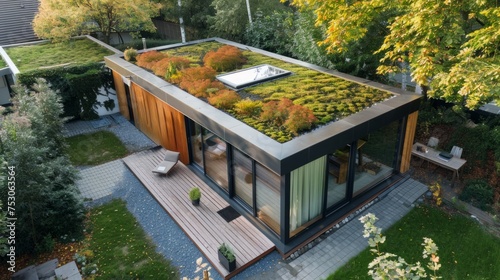 Low vegetation planted on the roof of a modern eco-friendly building © leszekglasner