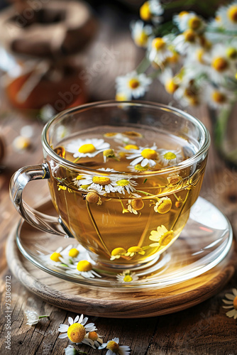 Chamomile herbal tea with flower buds nearby on wooden table natural healer concept