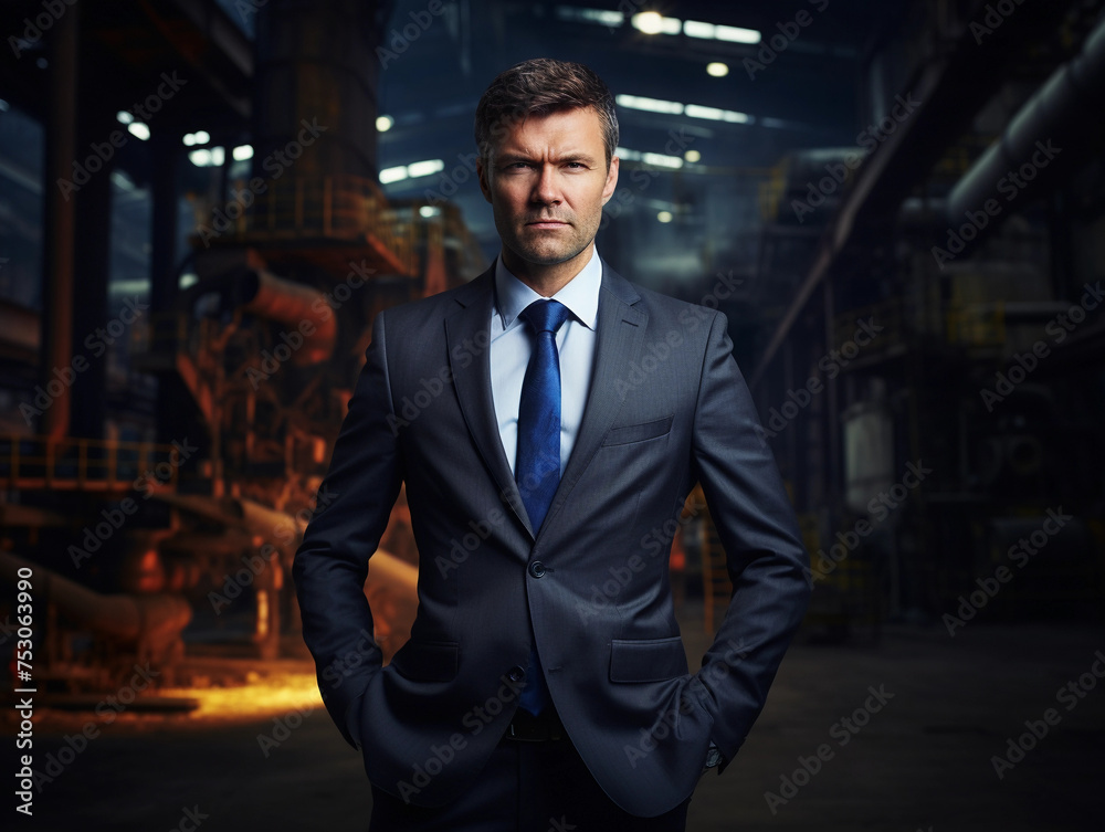Businessman in a suit and a tie posing in a steel plant 