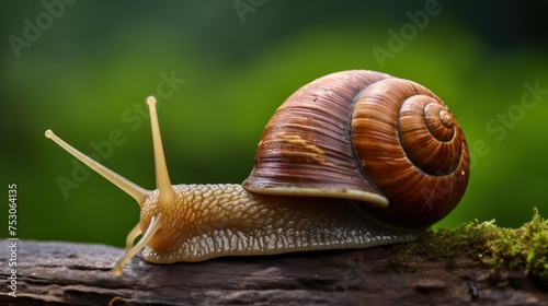 Close up of a snail crawling on a log in the forest. Wildlife Concept with Copy Space. 