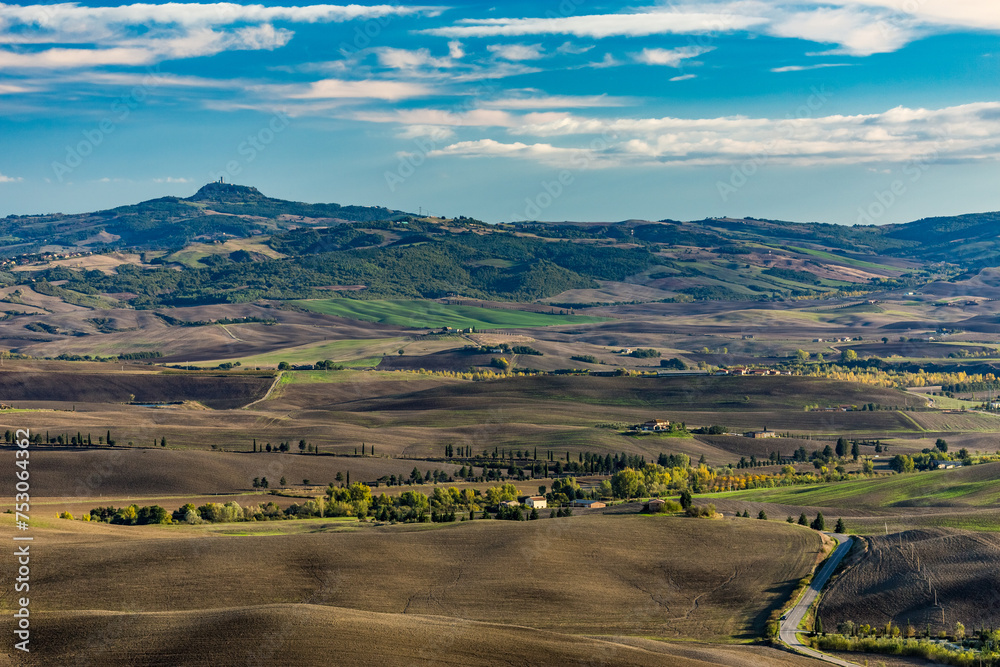 Elevated landscape with fields and hills, autumn late afternoon, high angle view from Pienza, Siena, Tuscany, Italy, Europe, EU