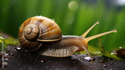 Snail crawling on wet stone with bokeh background, closeup. Wildlife Concept with Copy Space. 