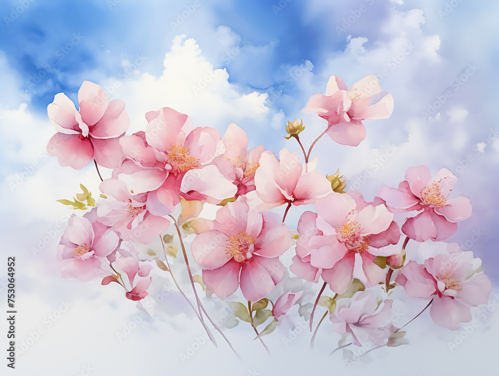 Pink blossoms in the clouds watercolour style painting