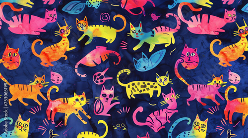 Wallpaper with funny colorful cats on a dark background. Horizontal format.