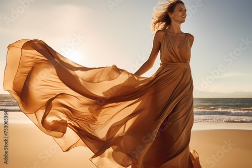 Draped in a flowing maxi dress and sandals, the model's carefree laughter resonates against a backdrop of sun-kissed beach dunes and crashing waves.