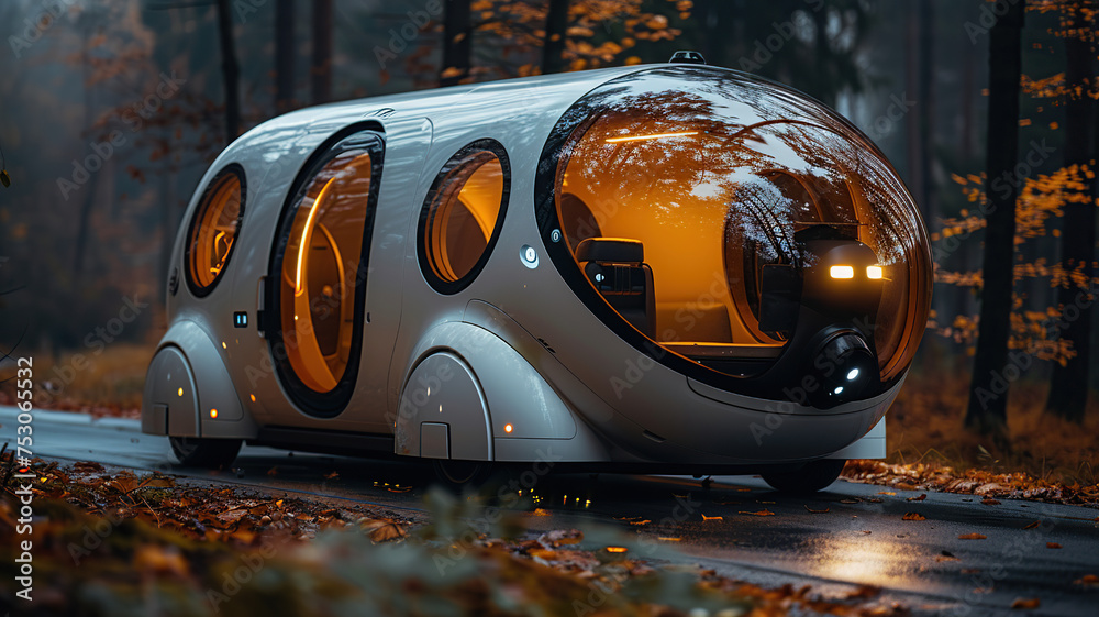 Fototapeta premium Futuristic autonomous pod vehicle on a forest road during autumn, showcasing modern transportation technology.