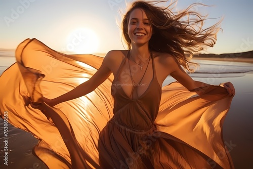 Draped in a flowing maxi dress and sandals, the model's carefree laughter resonates against a backdrop of sun-kissed beach dunes and crashing waves.
