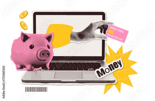 Trendy Halftone Collage with online payment metaphor. Hand sticking out of laptop screen with piggy bank and Floating Coins. Financial planning. Cashback concept. Save money. Earn and pay. Vector