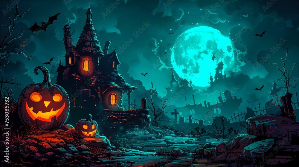 Halloween background with pumpkins, haunted house and full moon. Scary cartoon illustration