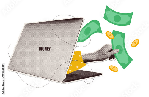 Money transfer, online banking concept in halftone collage style. Banknotes flies out of an open laptop. Hand catches money on the Internet. Send and receive financial transaction technology. Vector