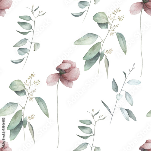 Watercolor seamless pattern with poppy and eucalyptus branches . Hand drawn flortal  illustration on white background