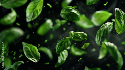 Vividly flying in the air green basil leaves isolated on black background