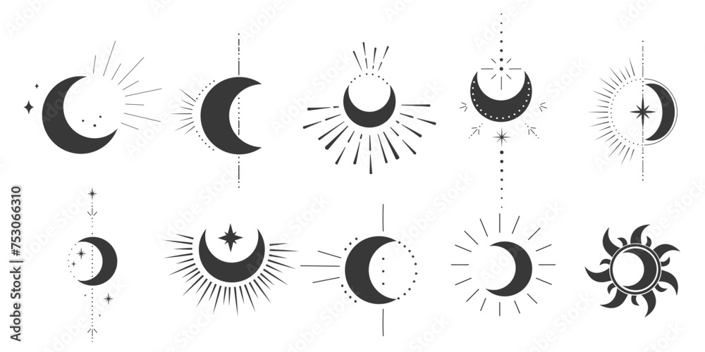 Set mystic moon celestial astrology magic element with rays, stars, burst minimal line tattoo, border or decoration isolated Space symbols, emblem. - obrazy, fototapety, plakaty 
