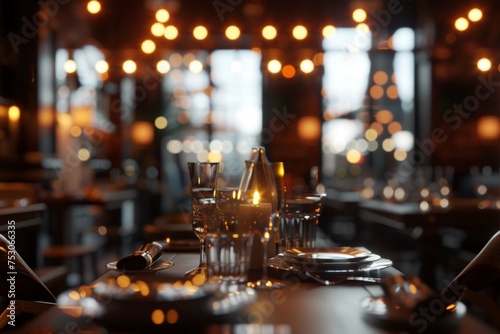 Blurred background of the restaurant with bokeh lights