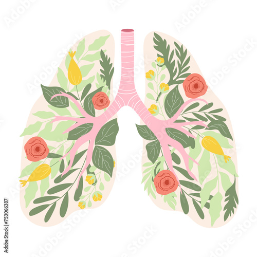 Handdrawn human lungs full of flowers and leaves in soft colors. No tobacco day vector concept.