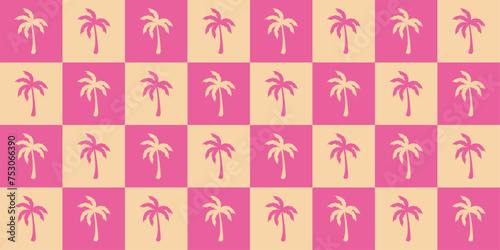 Pink checkered seamless pattern with palm tree silhouette. Tropical design 2000s background. Retro illustration for textile, wrapping paper, fabric, wallpaper, covering. Vector