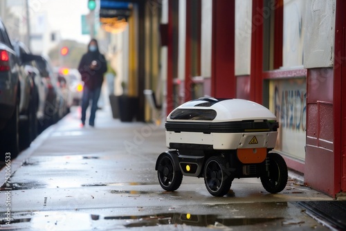 Autonomous delivery robot Concept of future, technology, unmanned courier robot.