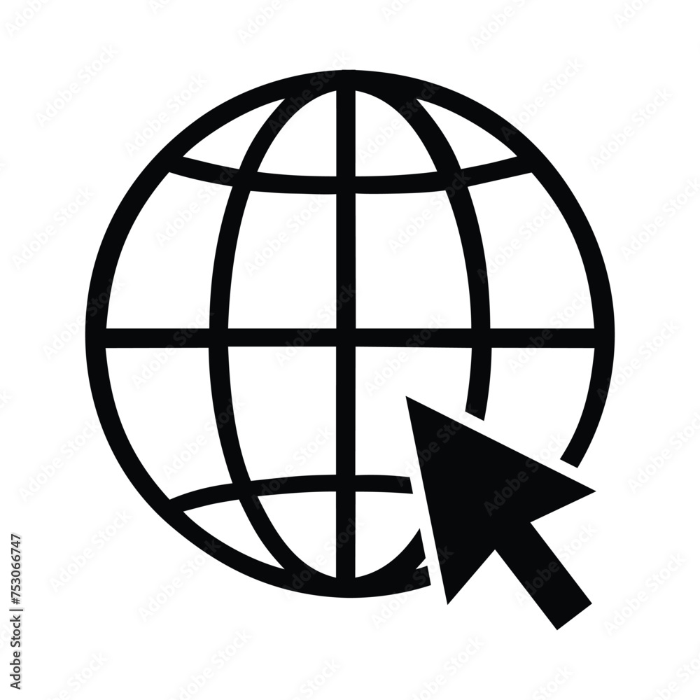Obraz premium Internet globe icon with arrow cursor. World wide web symbol , black isolated vector illustration